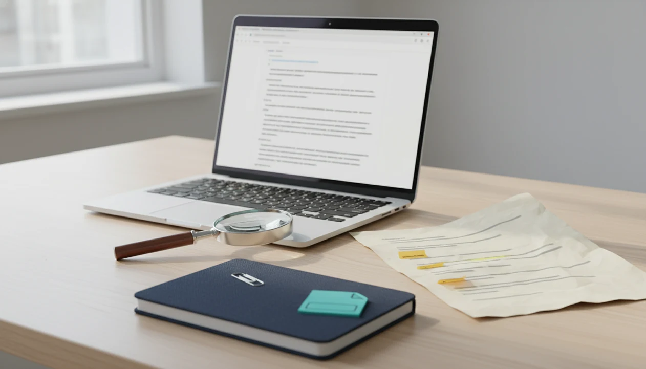 A blurred email draft and paper copy are checked with a magnifying glass and warning tabs on a desk.