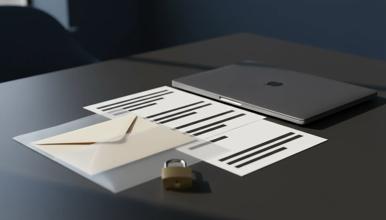 A sealed envelope, privacy sleeve, and padlock sit beside a blurred laptop on a dark desk.