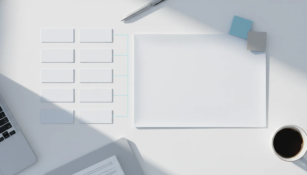 Blank prompt cards flow into a clean email draft on a tidy desk, representing reusable AI email templates.
