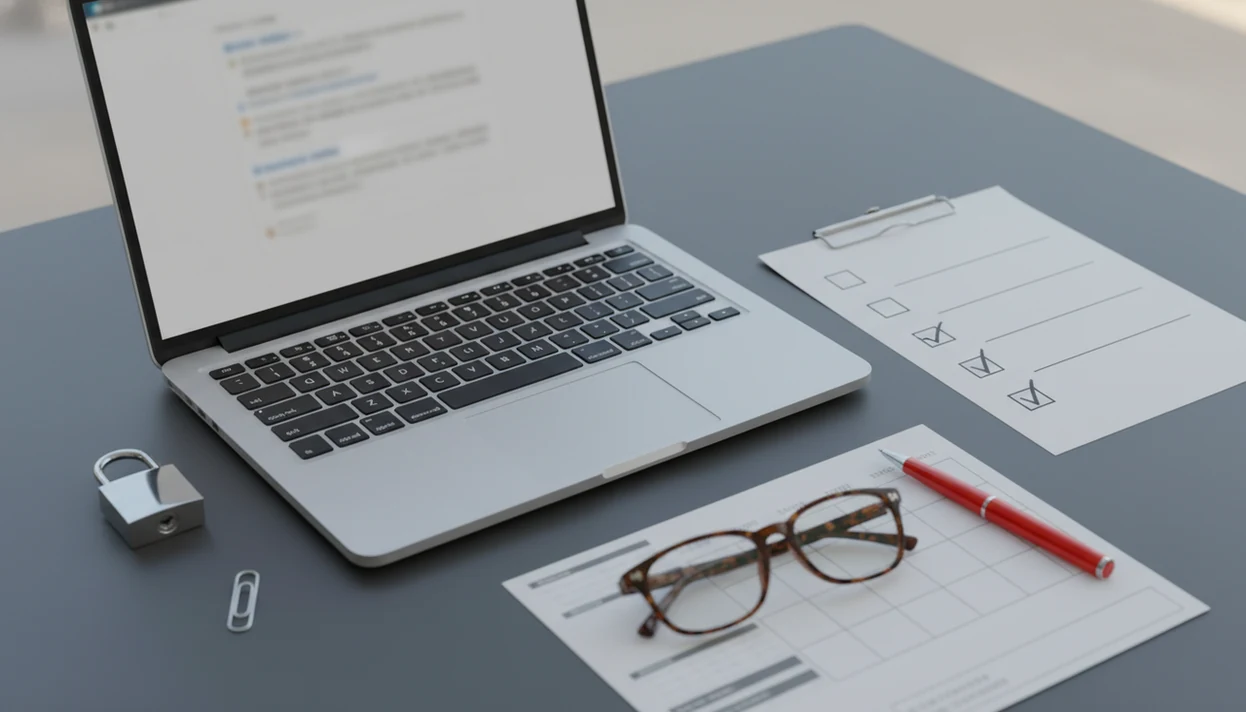 A desk shows a blurred email draft, checklist, lock, calendar, and pen for reviewing before sending.
