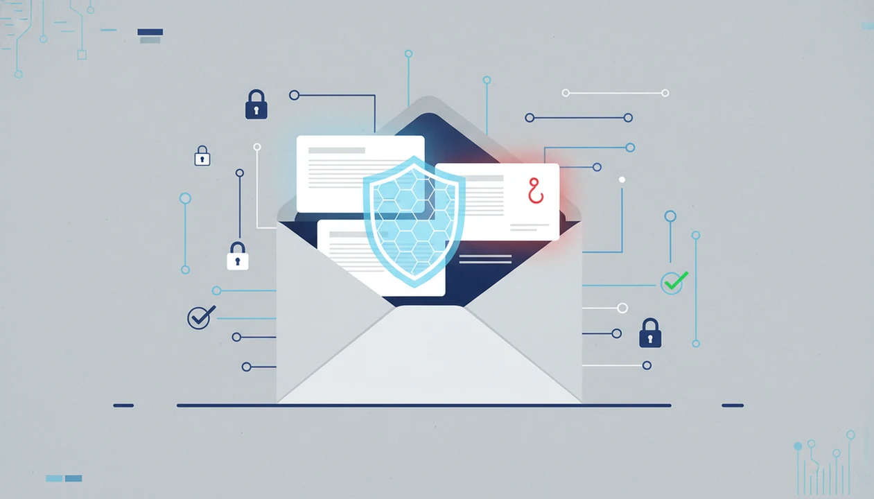 An illustrated email envelope shows security symbols and warning cues for AI phishing risk.