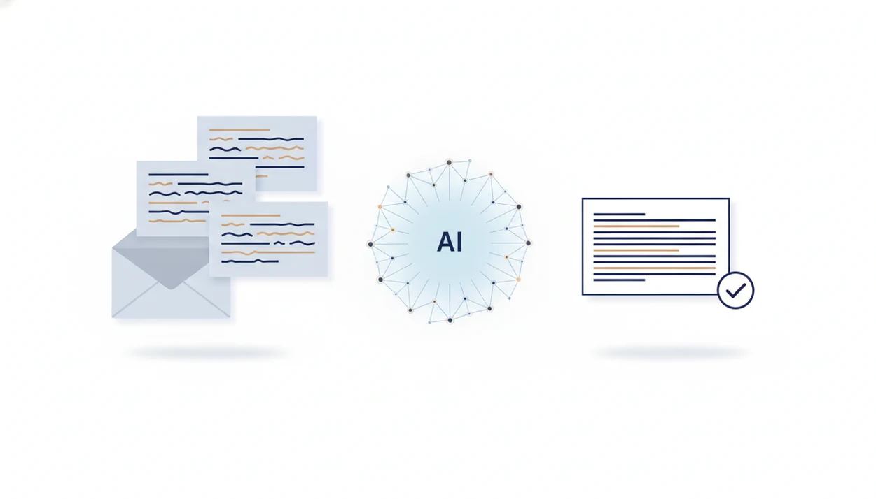 Illustration of customer email drafts moving through an AI assistant into a reviewed reply.