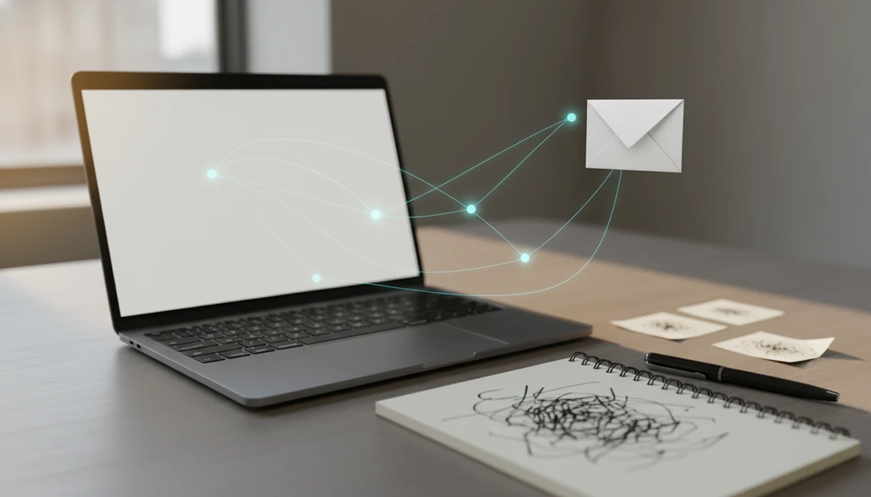 A desk scene shows rough notes becoming a polished email with subtle AI-inspired light connections.