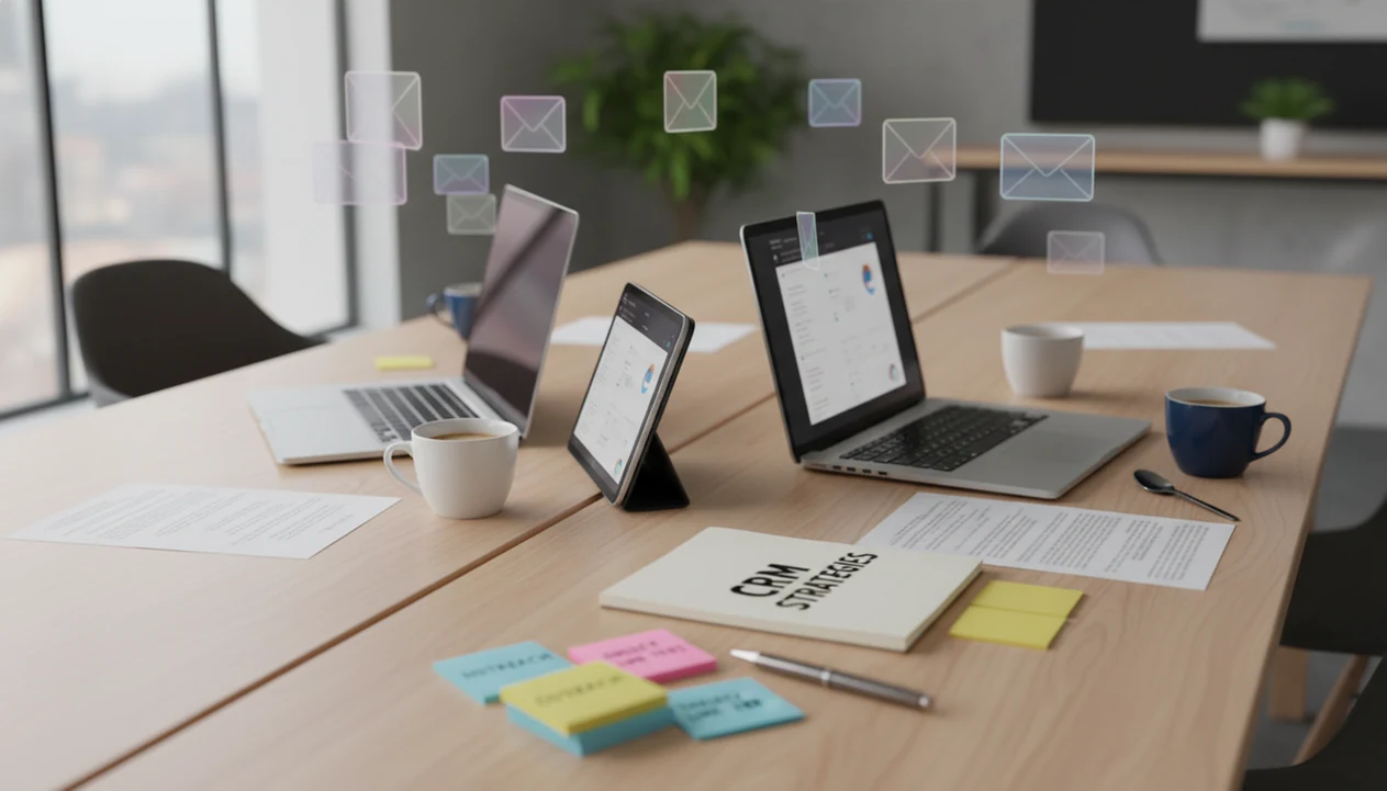 A sales workspace with laptops, blurred email drafts, and planning notes for AI-assisted outreach.
