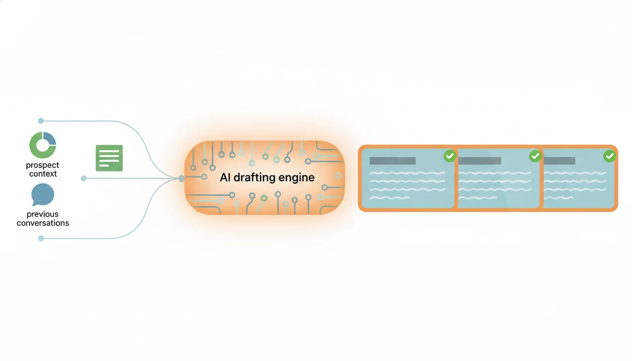 A simple diagram shows prospect context flowing into AI drafts and reviewed sales email outputs.