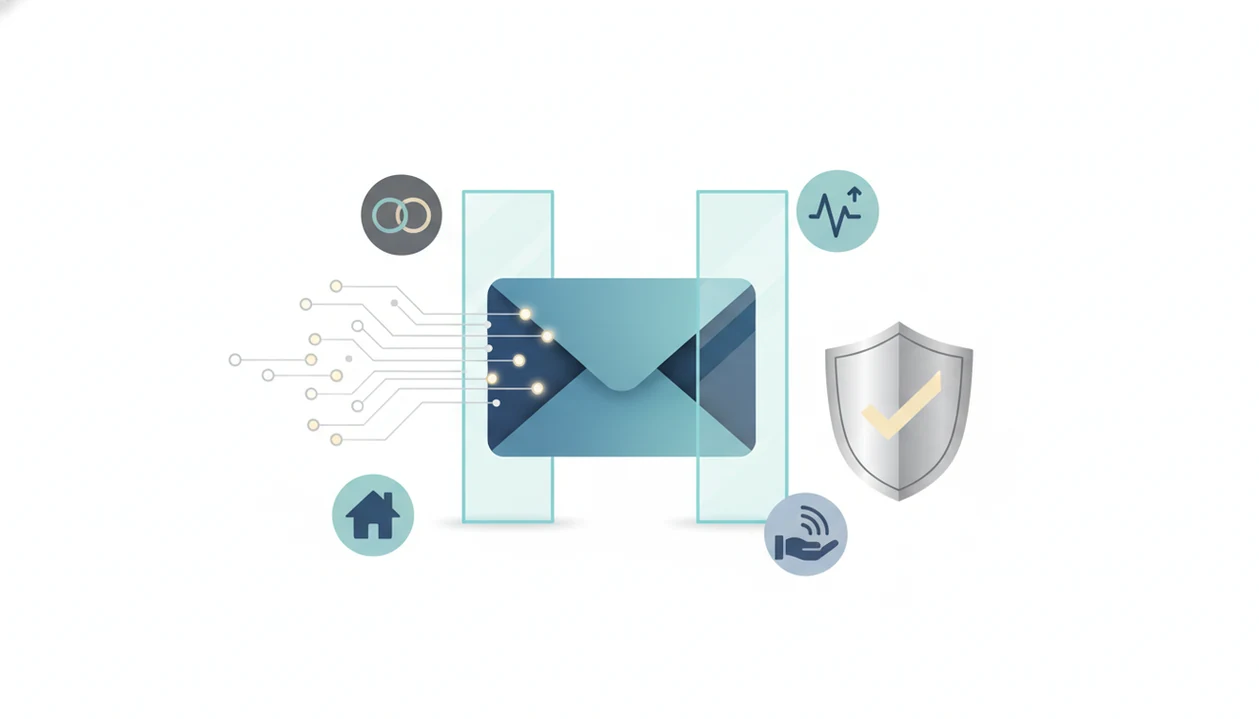 An AI-assisted email passes through a simple compliance checkpoint with privacy and opt-out symbols.