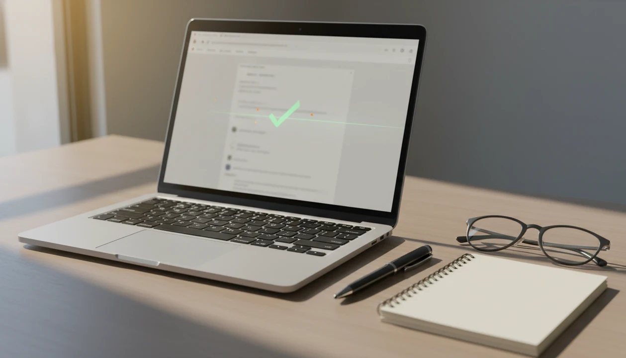 A laptop email draft is being reviewed with subtle check and warning cues before sending.