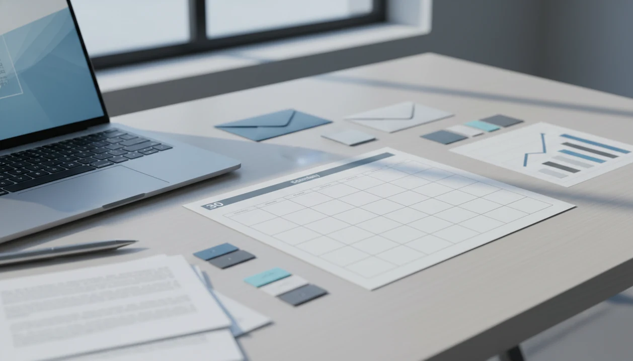 A desk setup with a blank calendar, envelopes, charts, and draft pages suggesting 30 days of cold email tracking.