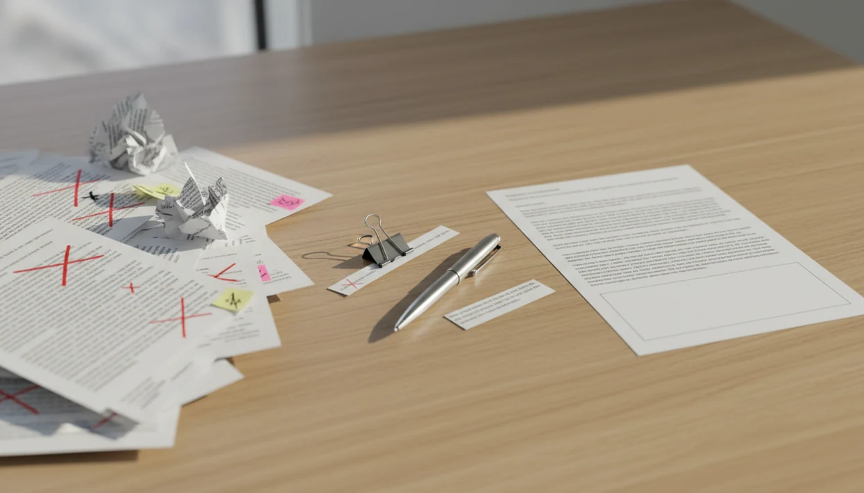 A cluttered long email draft is edited down into a shorter, cleaner page on a desk.