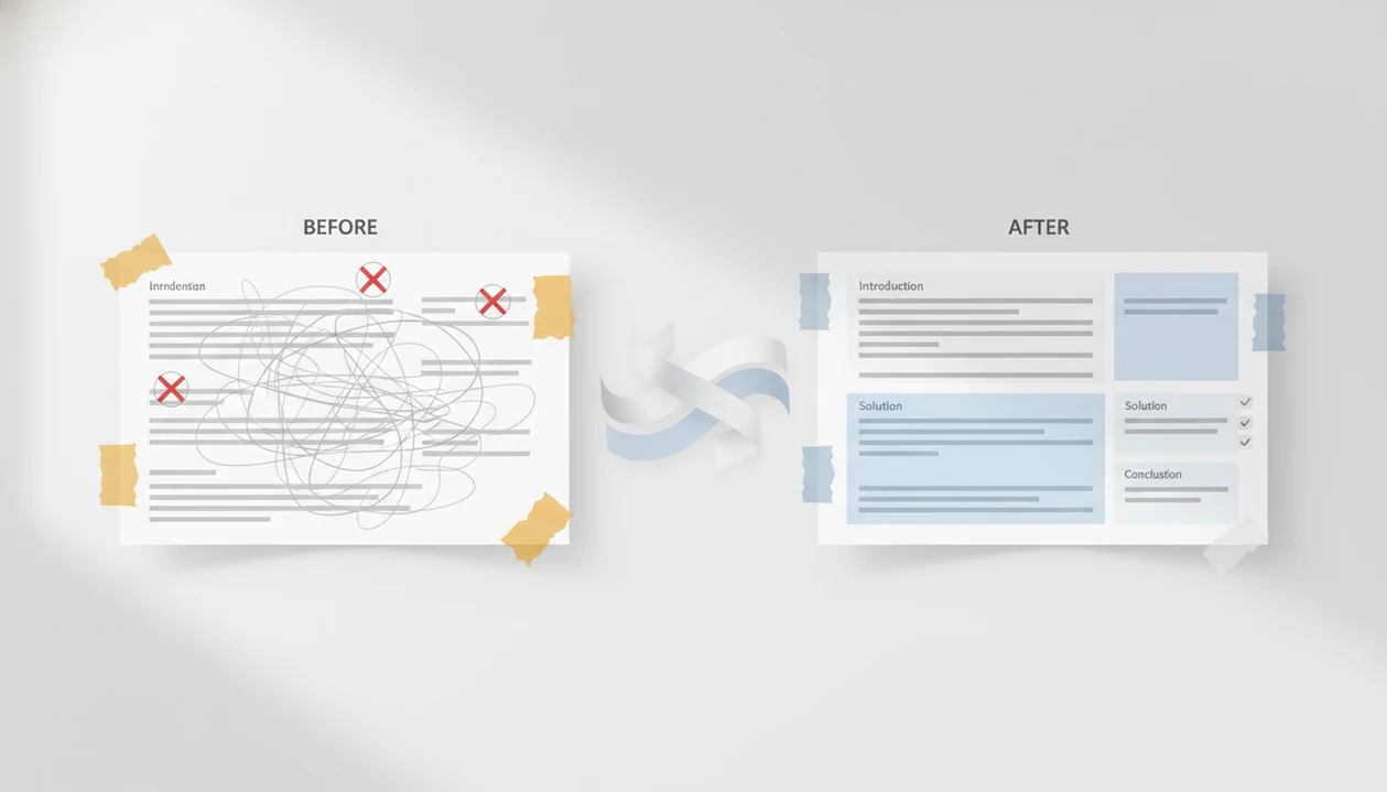 A before-and-after email rewrite concept showing a messy draft transformed into a clearer support reply.