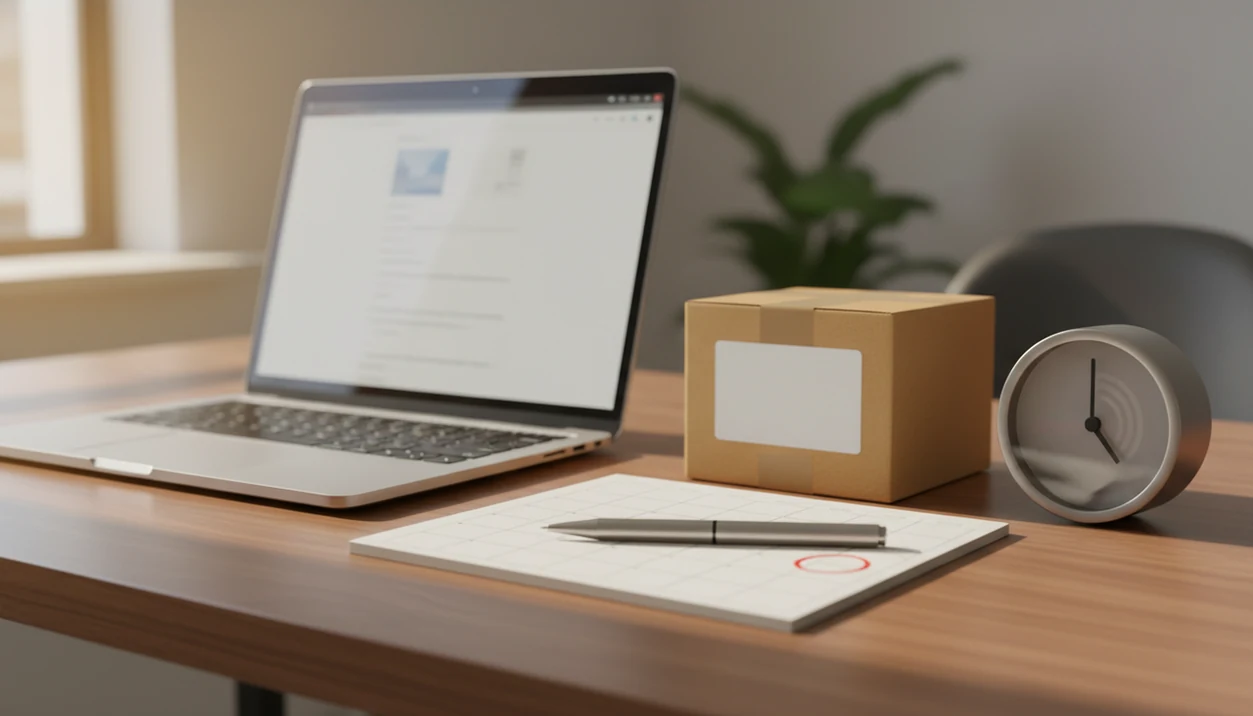 A laptop, parcel, calendar, and clock on a desk suggest drafting a clear delay notice email.