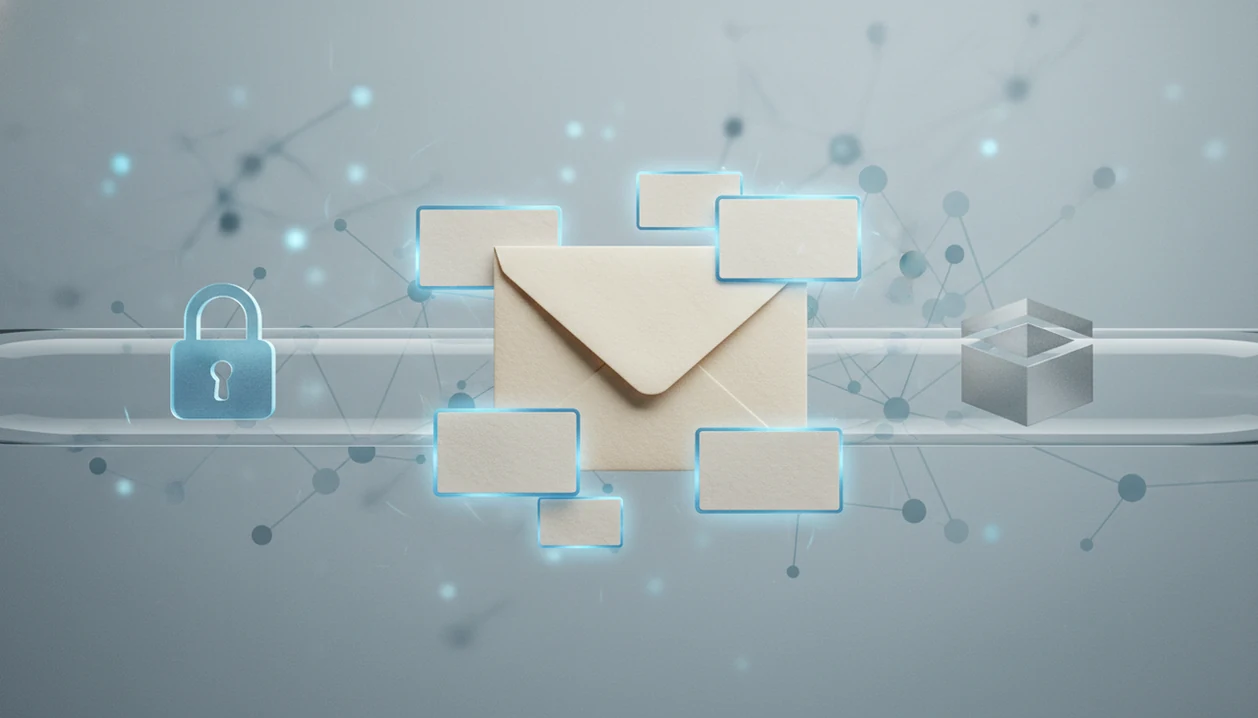 A sealed email envelope passes through symbolic privacy checkpoints toward an abstract AI network.