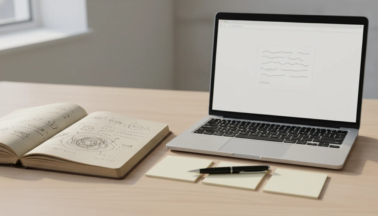A notebook of rough notes sits beside a laptop suggesting notes becoming a polished email draft.