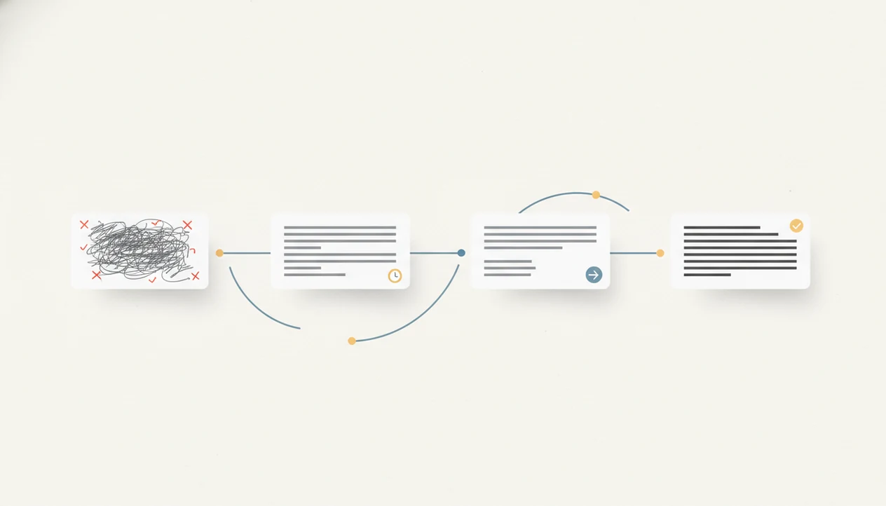 A visual timeline shows email drafts becoming cleaner, faster, and more polished over time.