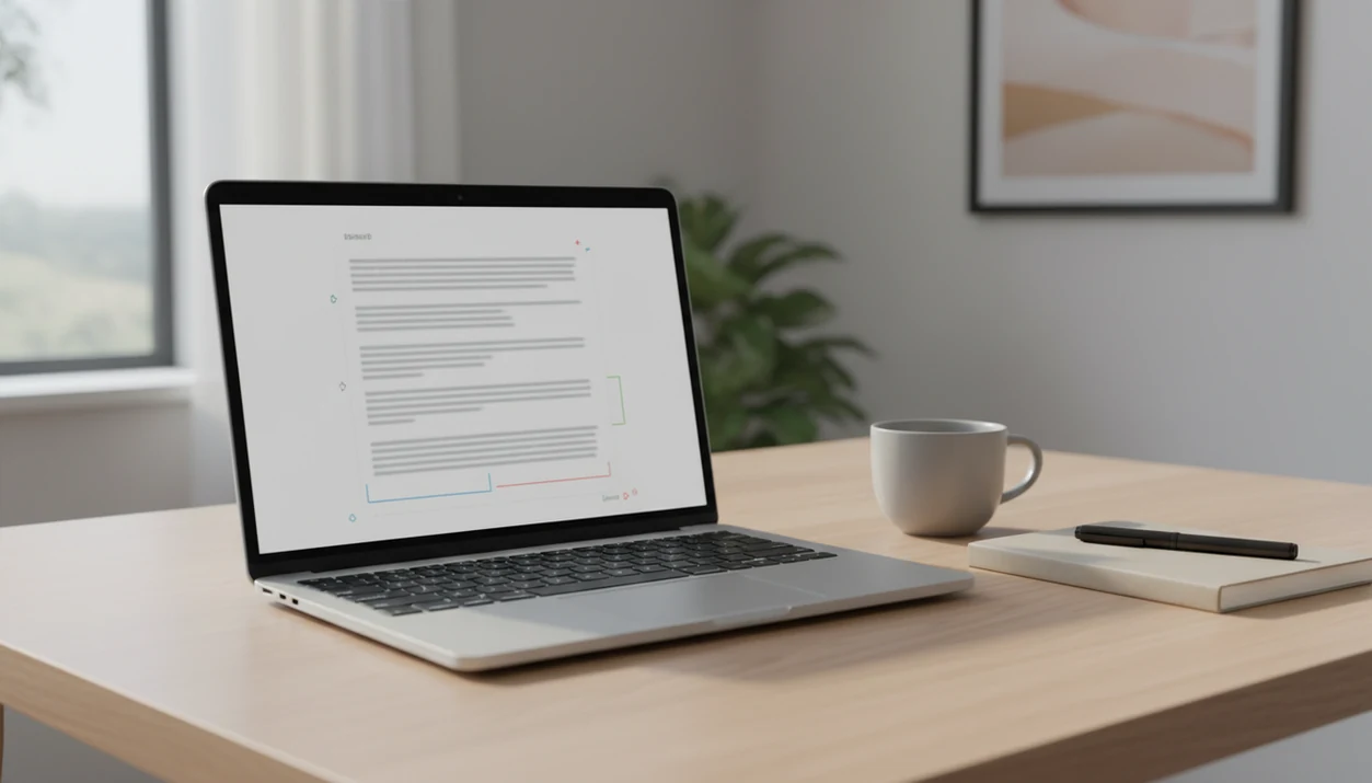 A laptop displays an unreadable email draft with colored proofreading marks on a clean office desk.