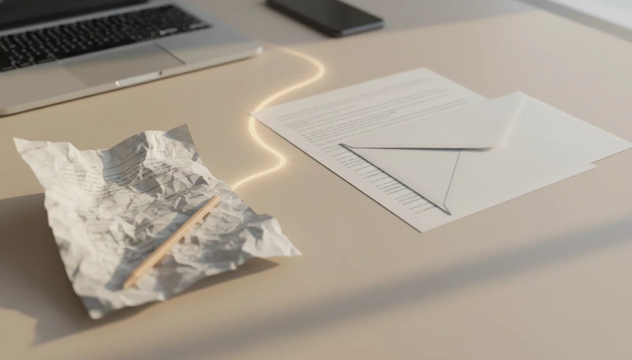 A rough email draft visually transforms into a polished message on a clean modern desk.