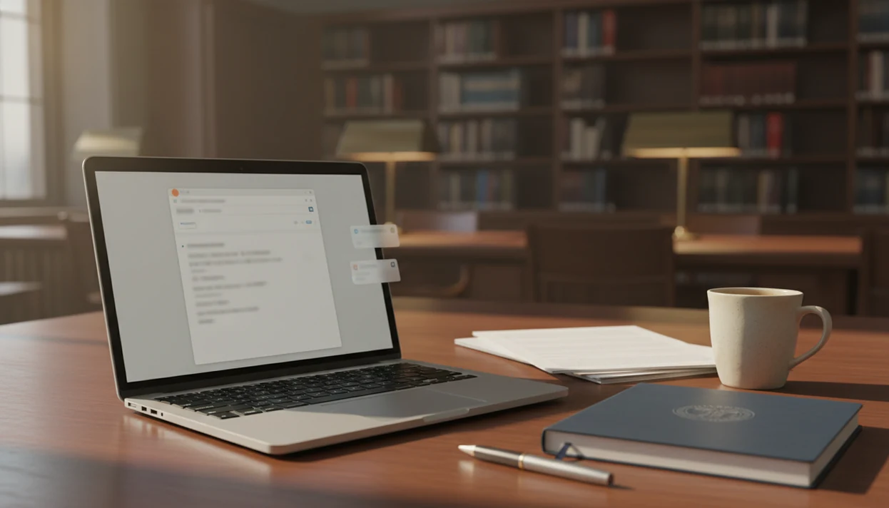 A laptop on a library desk suggests drafting a respectful email to a professor with AI help.