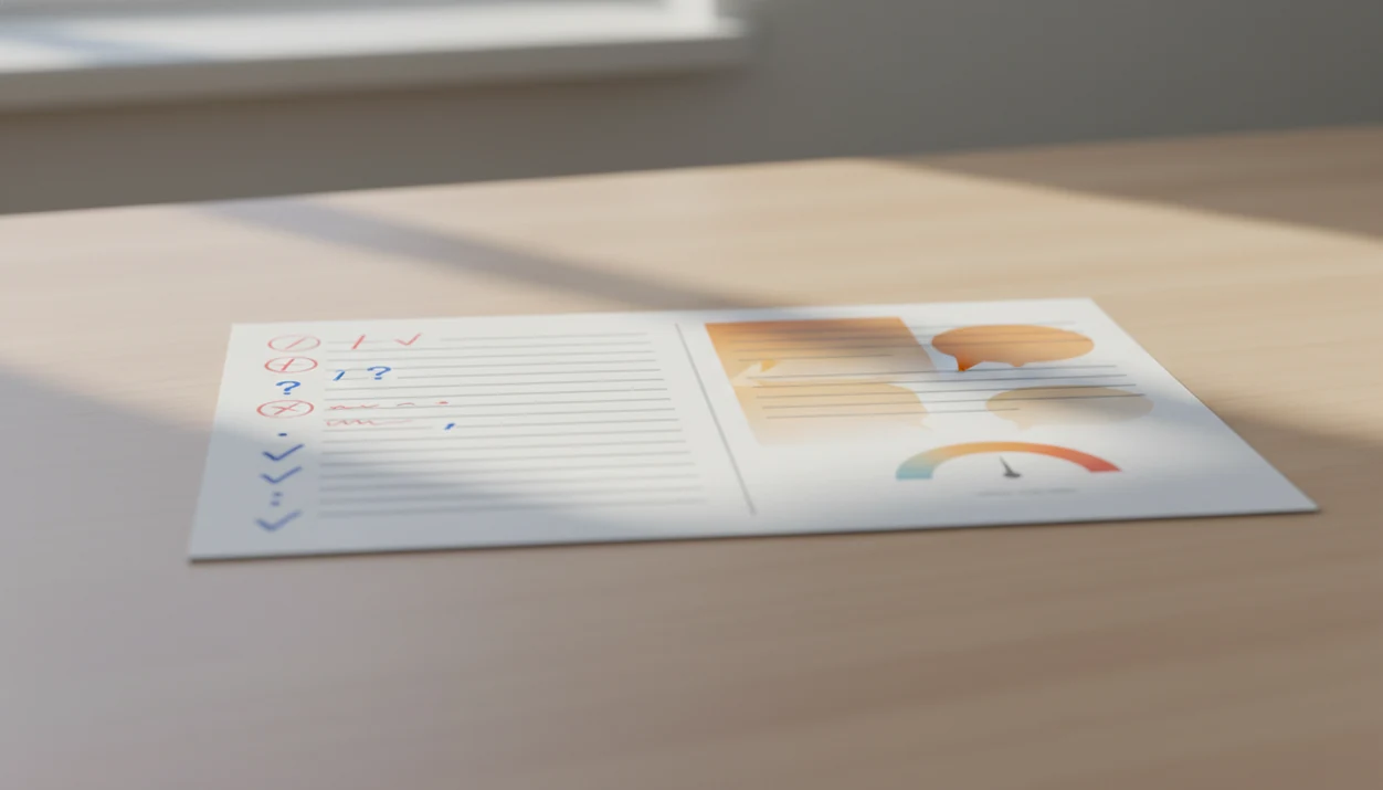 An abstract email draft split between grammar corrections and tone signals on a clean desk.