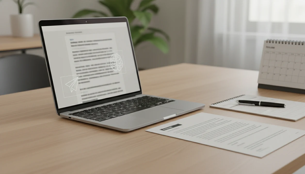 A laptop, resume, notebook, and calendar arranged for drafting a job application email.