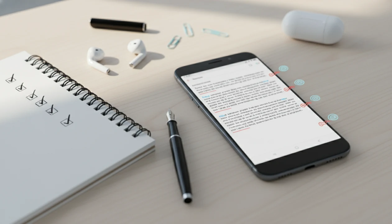 A smartphone email draft on a desk with proofreading marks, checklist notes, and earbuds nearby.