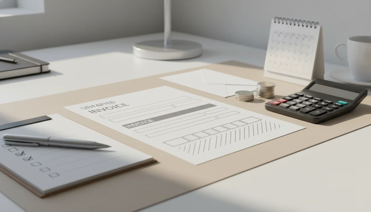 A finance desk shows an invoice, calendar, calculator, coins, envelope, and checklist for payment reminder review.