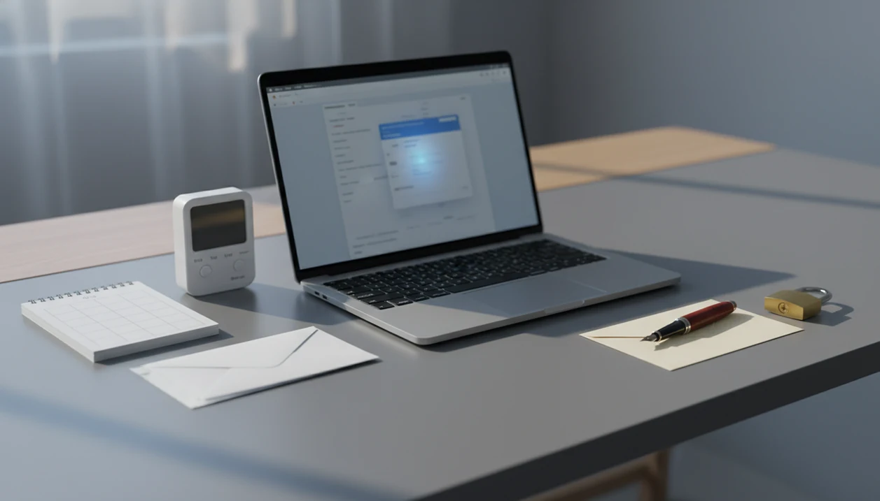 A desk with a laptop, timer, envelopes, pen, and padlock representing AI email tradeoffs.
