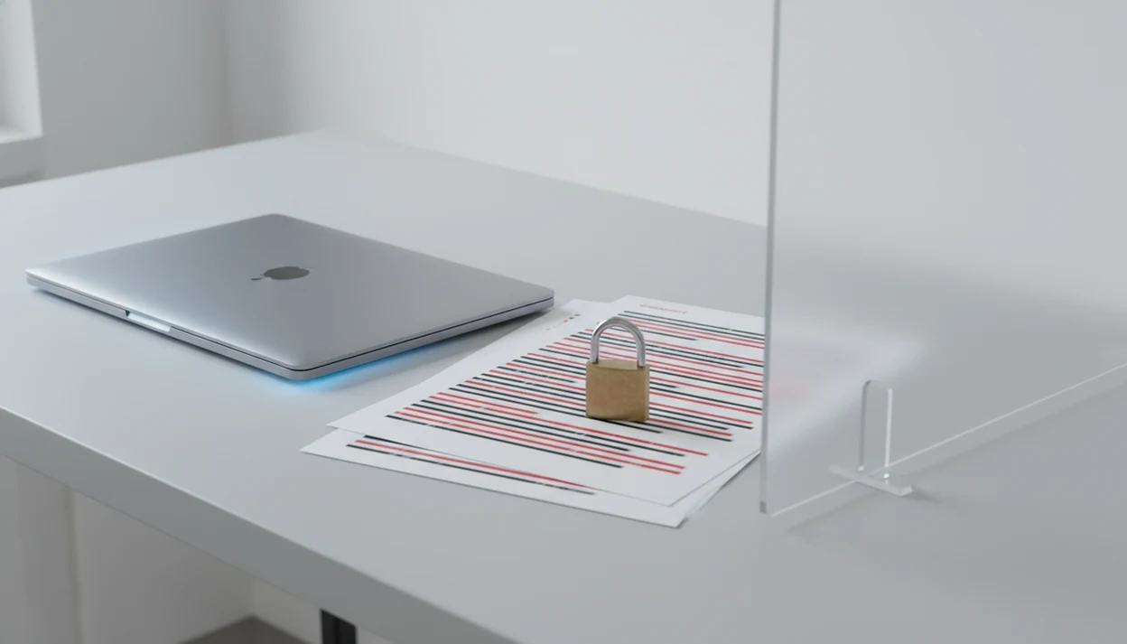 A padlock rests on redacted email pages beside a closed laptop, suggesting safer AI email privacy.