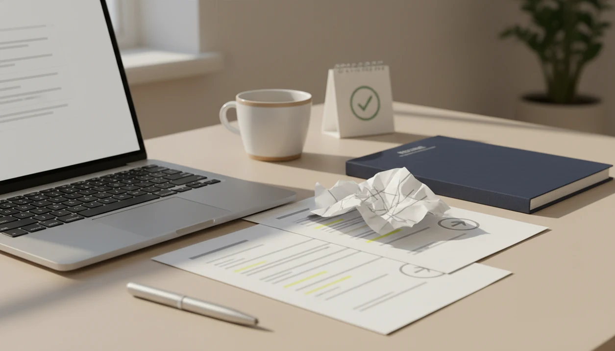 A desk shows improved job search email drafts beside a laptop, resume folder, coffee, and calendar checkmark.