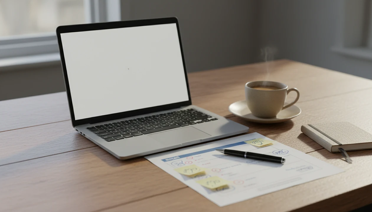 A laptop and marked-up email draft on a desk show an AI message being revised by hand.