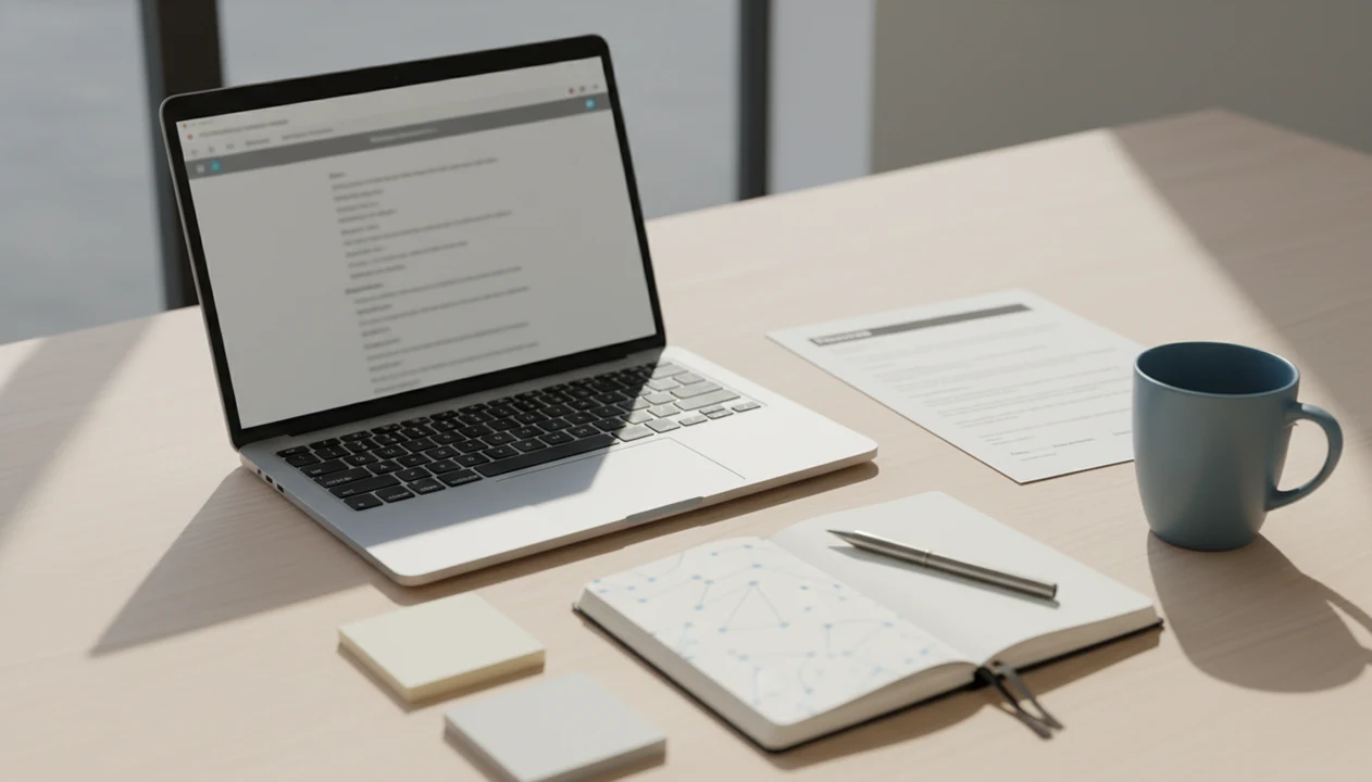 A laptop and career planning notes on a desk suggest drafting a professional networking email.