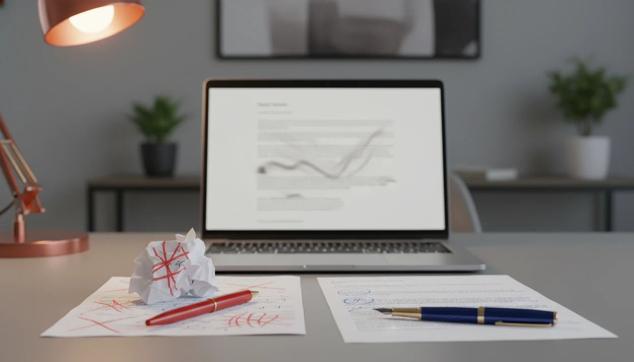 A desk shows a blunt email draft being refined into a calmer professional message.