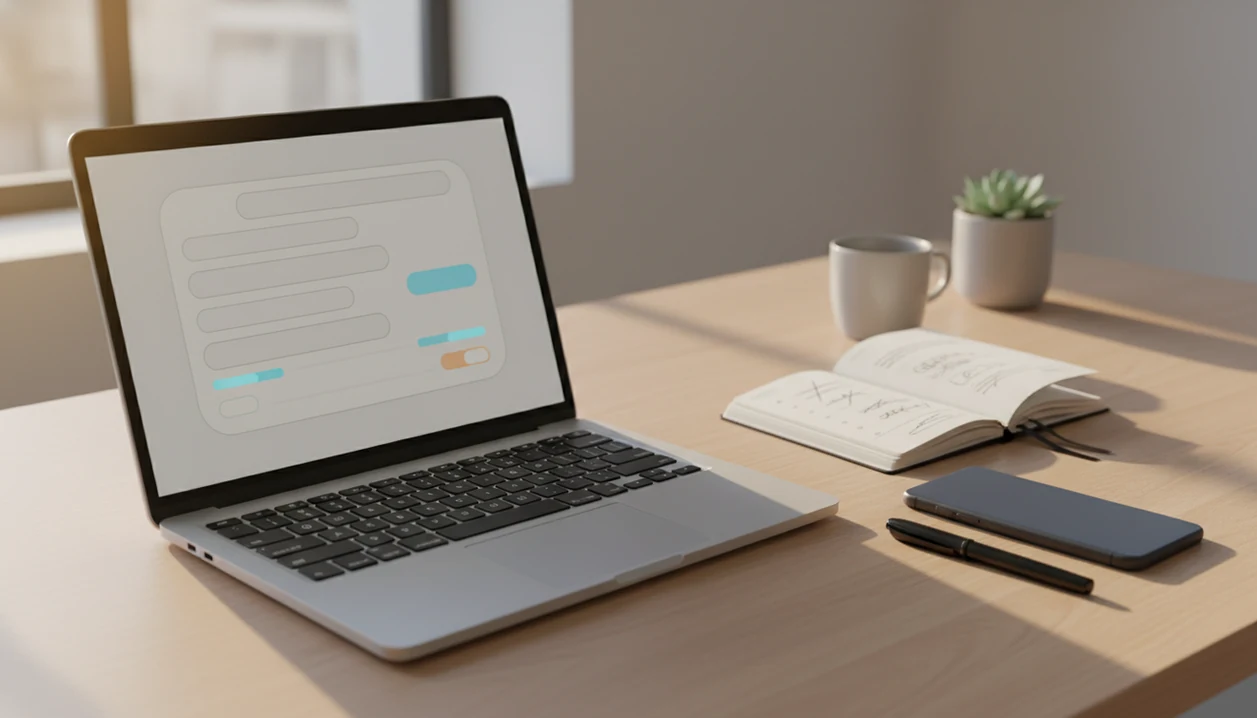A modern desk with a laptop showing an abstract email draft beside notes, a pen, and a phone.