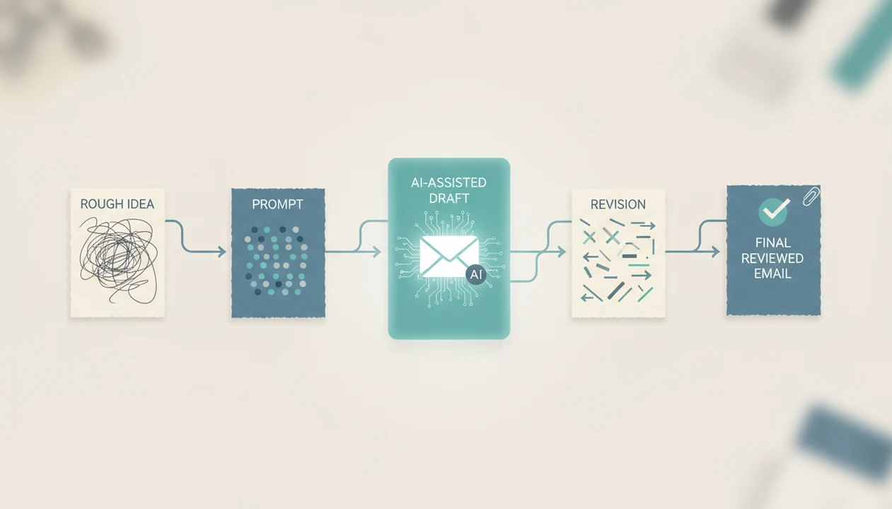 A visual timeline shows an email moving from rough idea through AI draft, edits, checks, and final review.