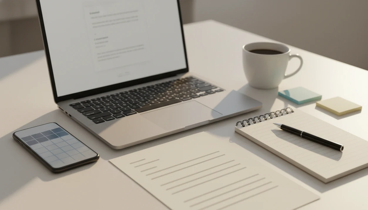 A neat workspace with a laptop, phone, resume, and notes prepared for writing recruiter emails.