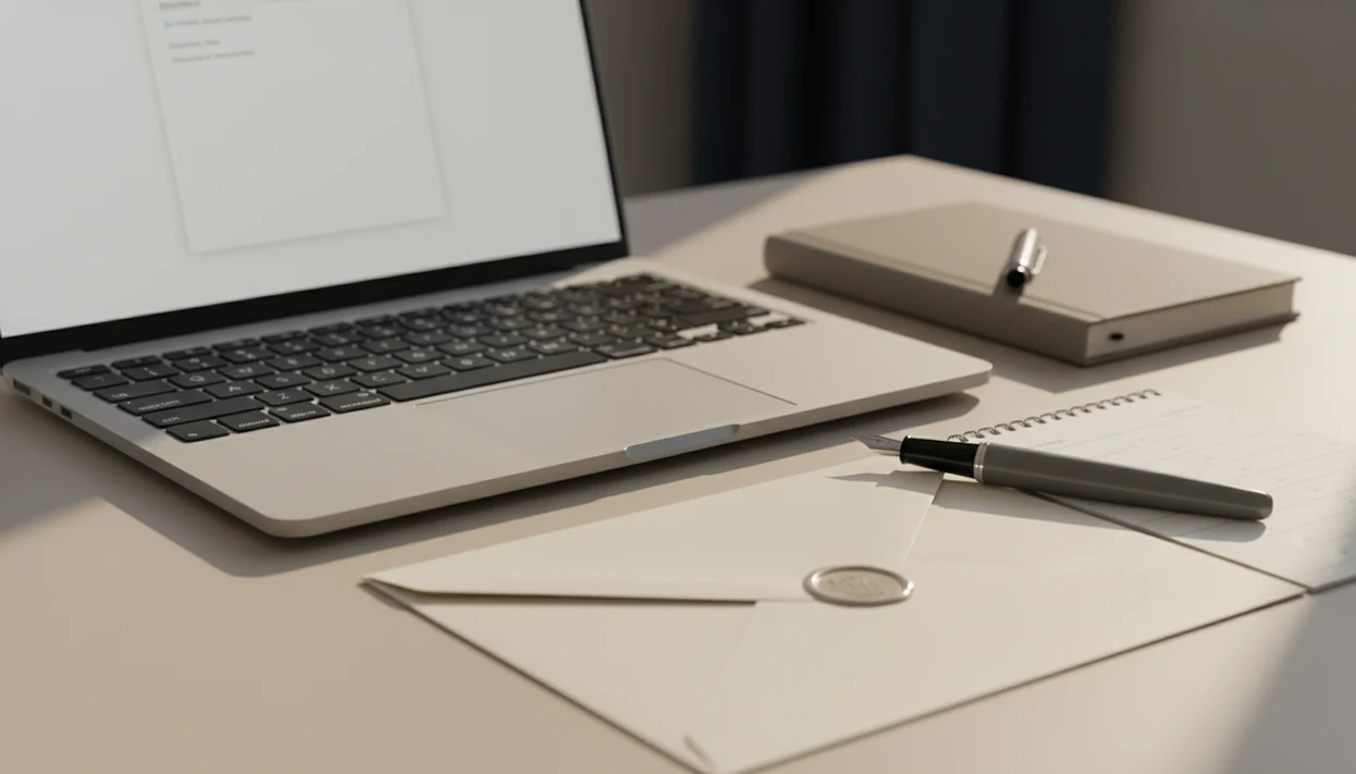 A tidy desk with a laptop, envelope, notebook, and pen prepared for writing a resignation email.