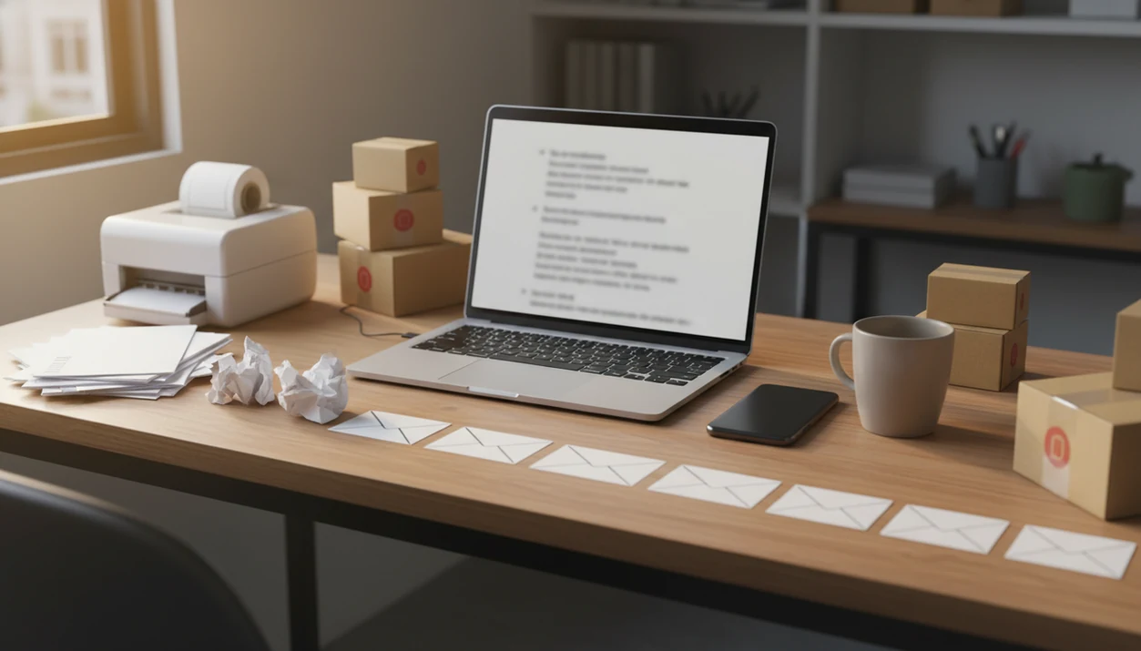 A small business desk with a laptop, invoices, packages, and organized email draft cards.