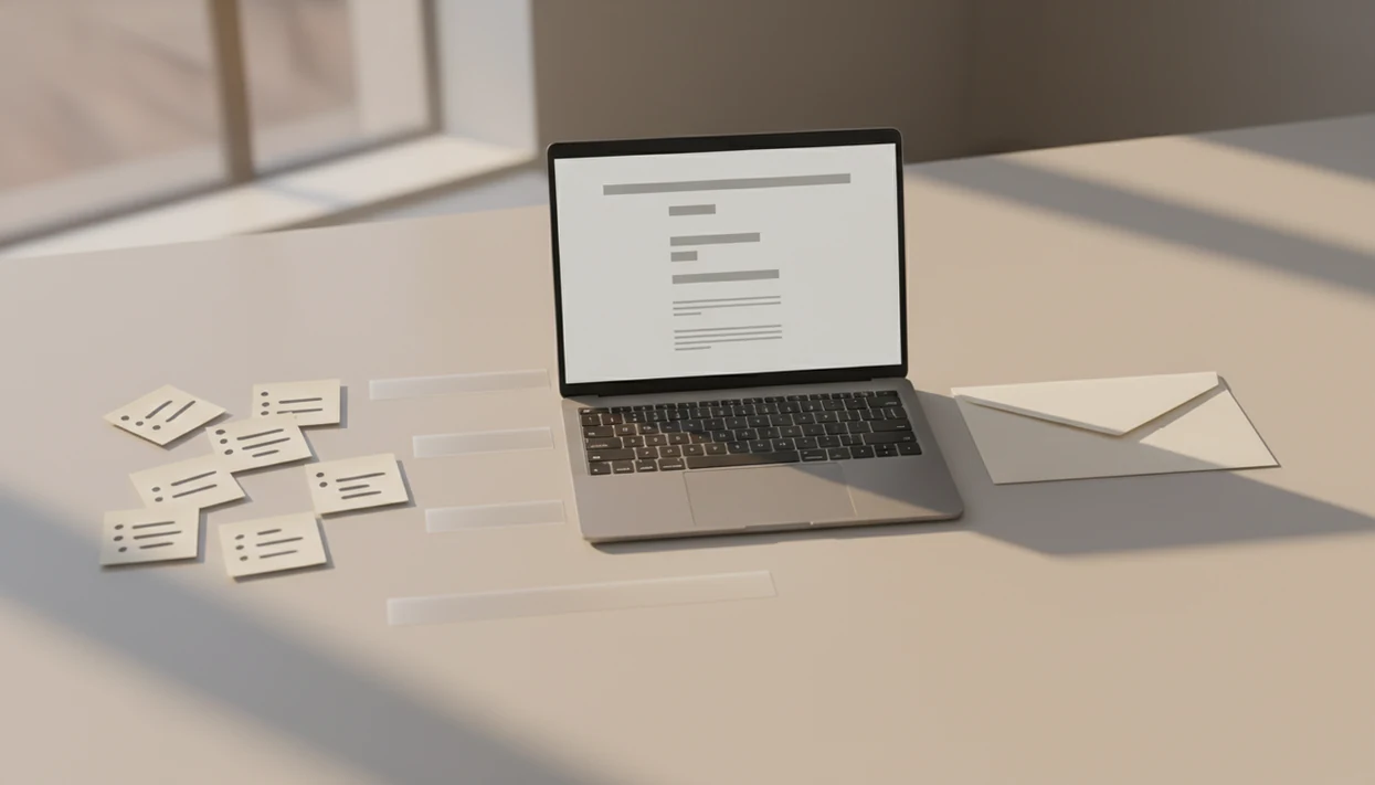 Rough bullet notes visually flow into a polished email draft on a clean desk.
