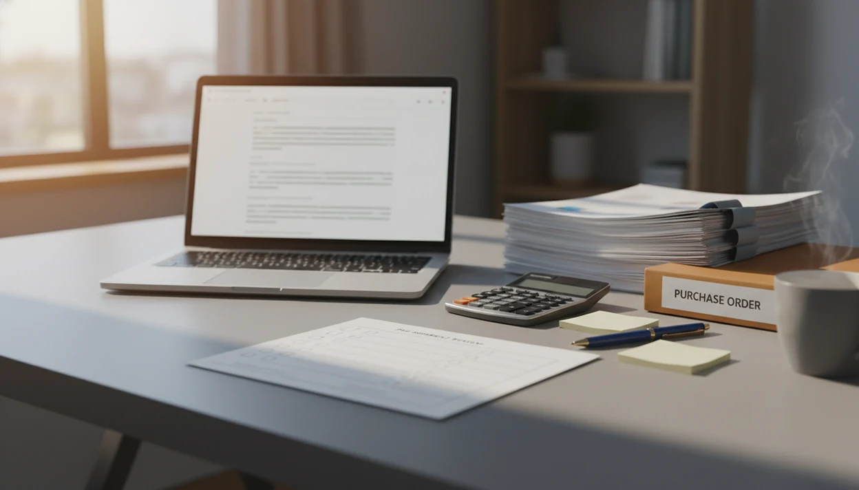 A laptop and vendor paperwork sit on an operations desk with a review checklist before sending email.