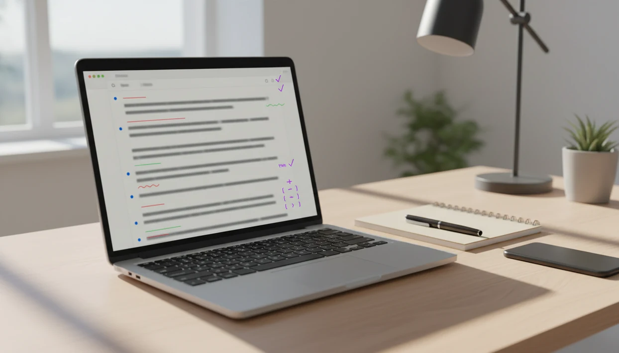 A laptop email draft with abstract correction marks suggesting grammar and tone review before sending.
