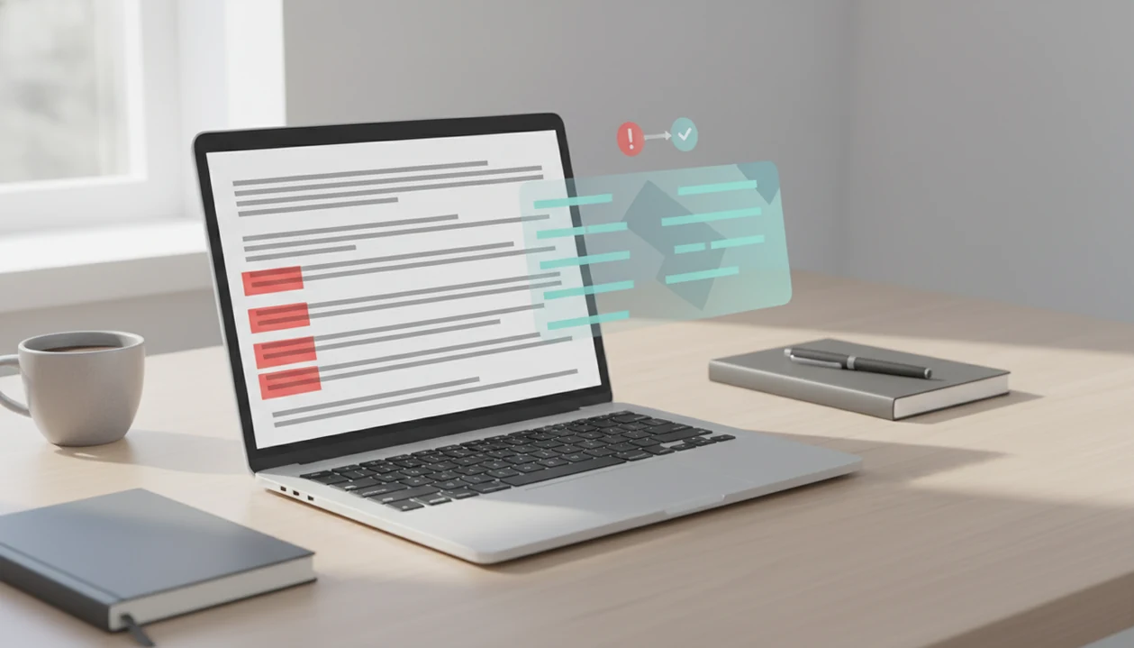 An abstract email draft on a laptop shows rude wording being softened by an AI tone checker.