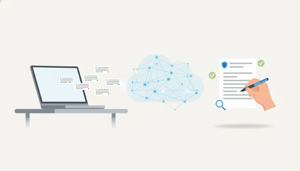An illustrated AI email workflow moves from prompt to draft through human review and privacy checks.
