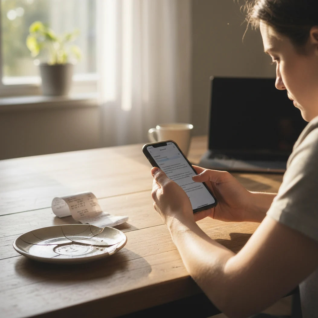 Phone screen drafting a firm complaint email with order details beside a receipt