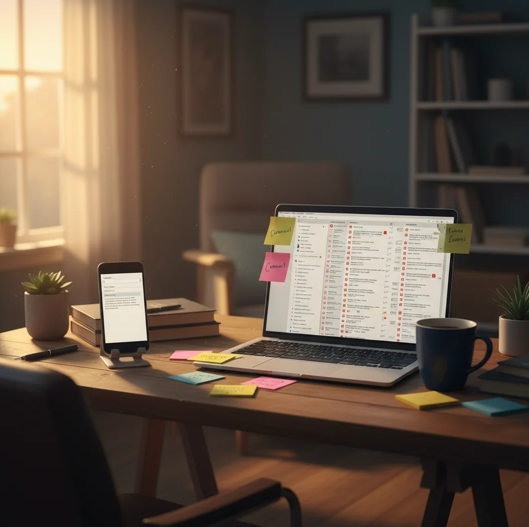 Person rewriting a draft email on a phone while laptop inbox notifications pile up.
