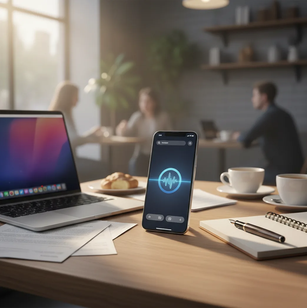 Phone screen drafting an email instantly, with a laptop nearby and a coffee shop table.