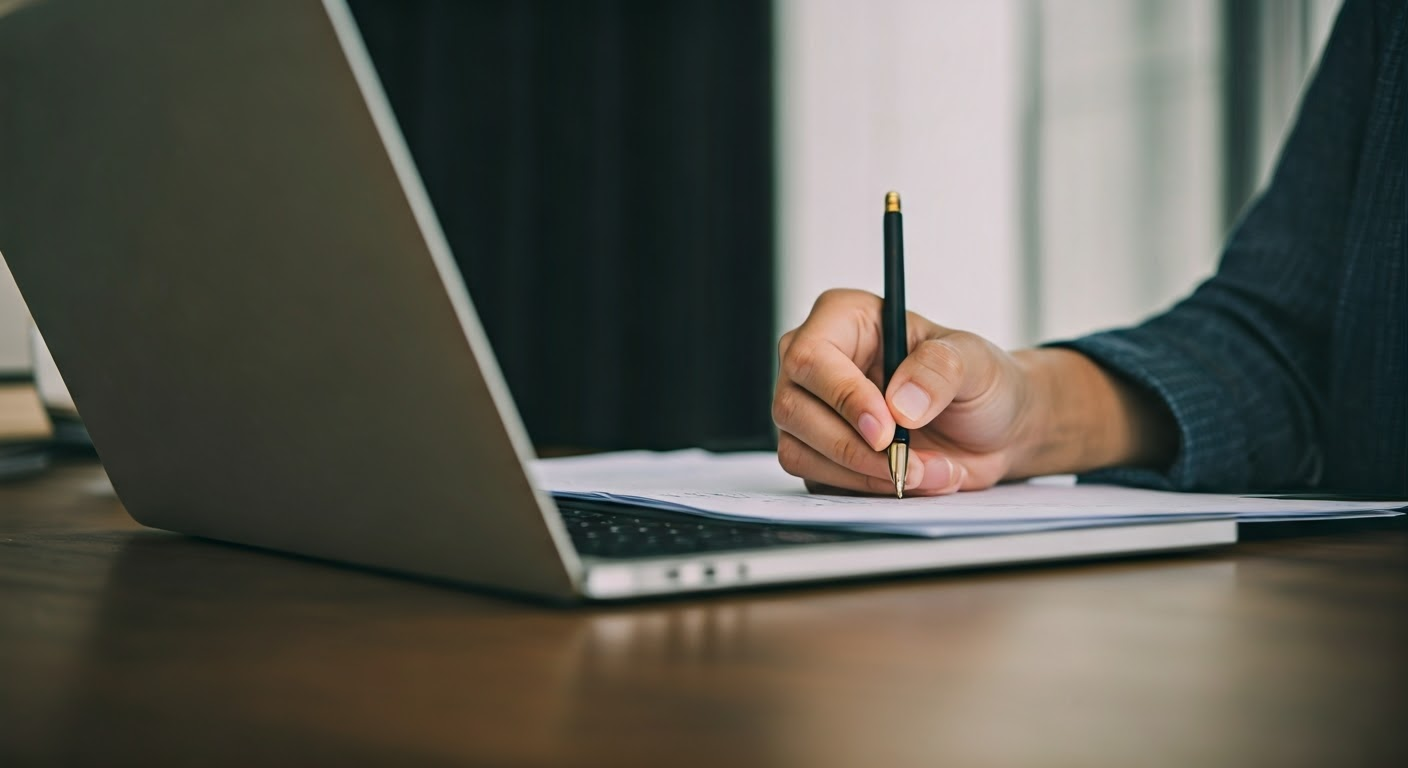 2 Week Notice Email Template - Person meticulously writing a two week notice email on a laptop in a sunlit office