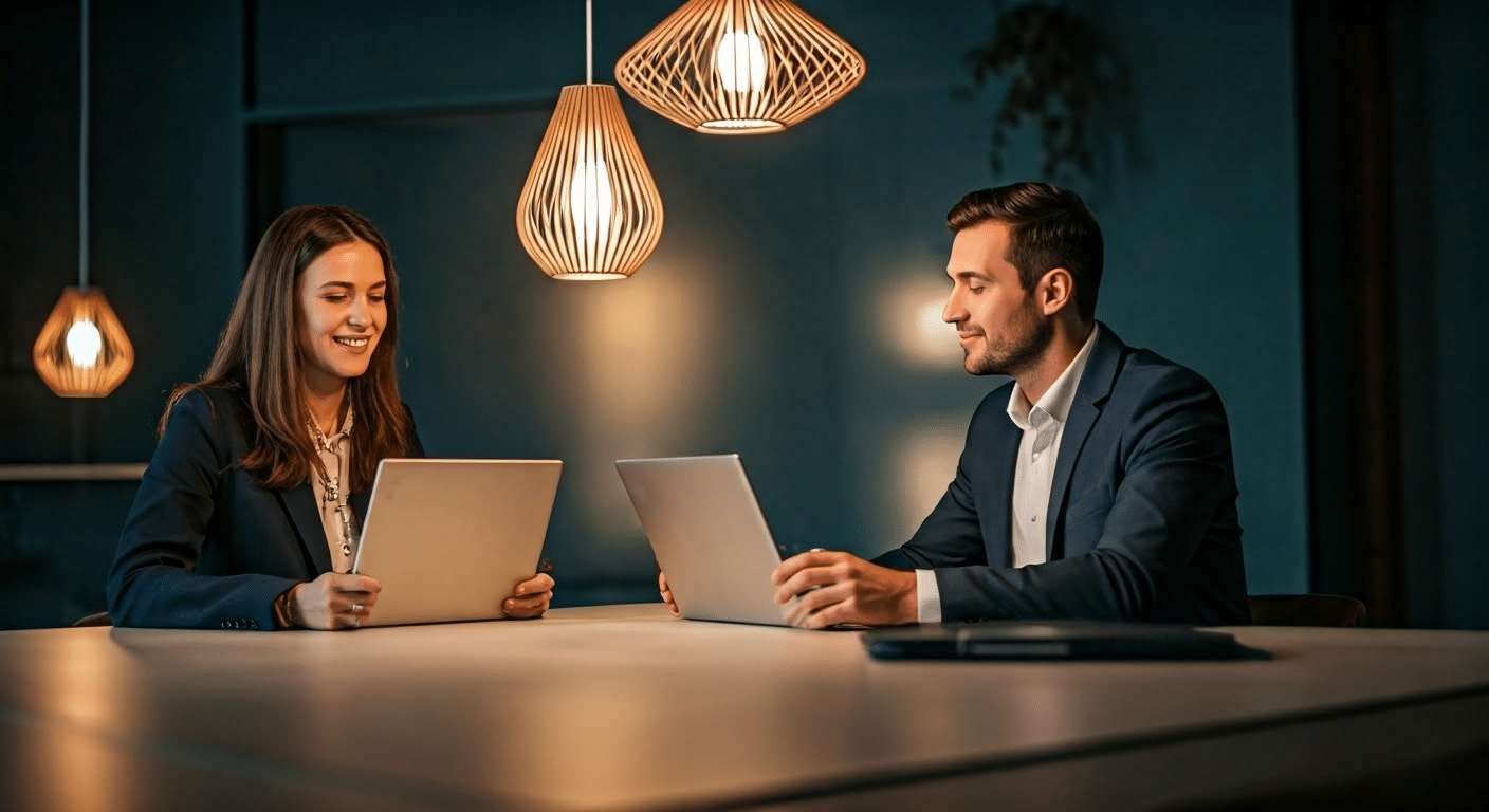 A young adult smiling while sending an email with a trendy sign-off.