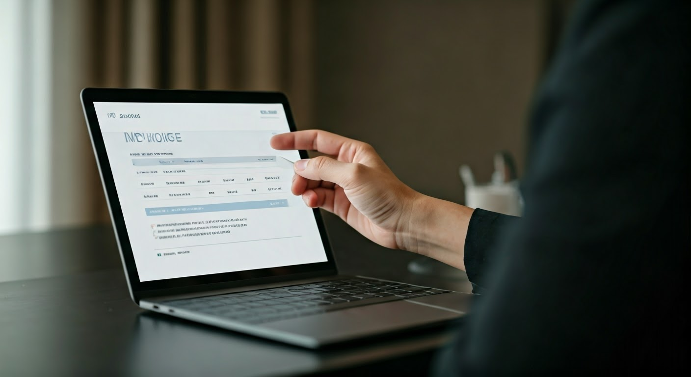 An entrepreneur reviewing an invoice email template with a focused expression in a warmly lit office.