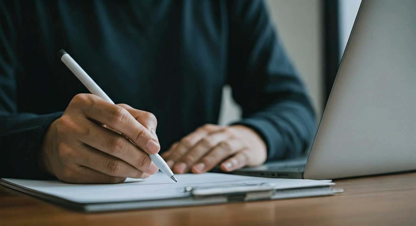 Close-up view of an email draft on a laptop screen with hands ready to type