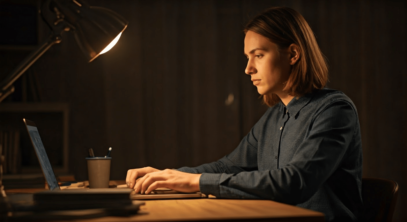 E Mail Or Email - Person typing an email on a laptop with a focused expression under a desk lamp