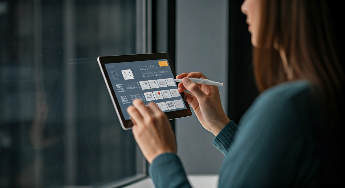 Businesswoman interacting with AI email generator, adjusting email templates, in bright office